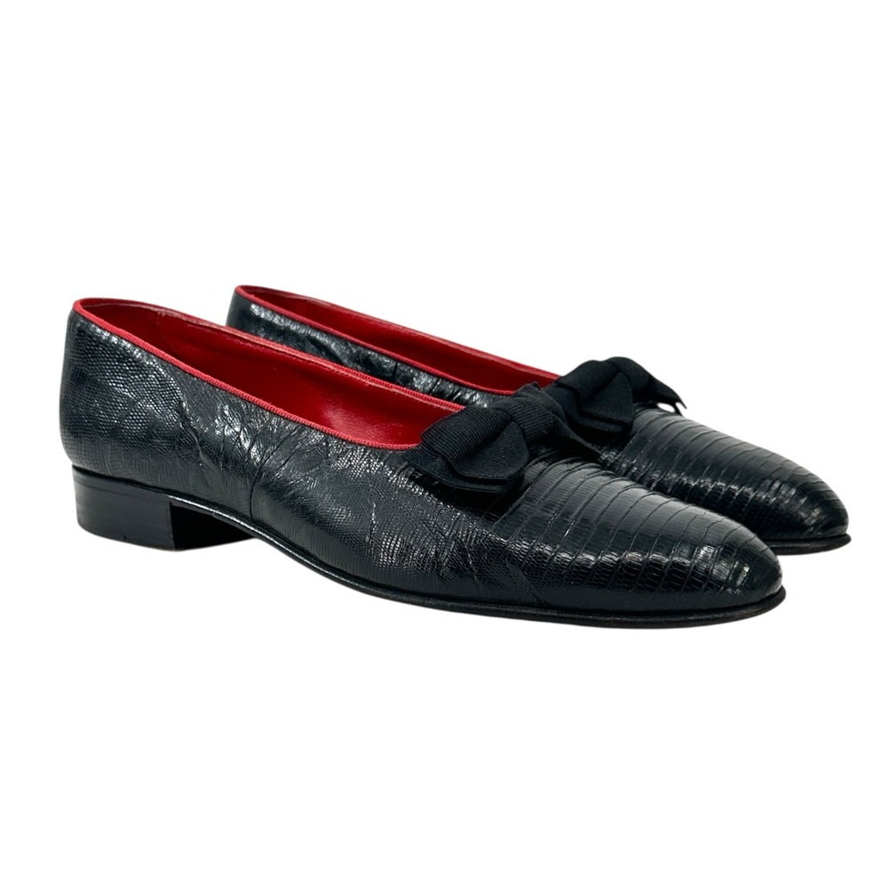 Fratelli Rossetti Black Embossed Leather Opera Bow Dress Shoes Slip On Loafers